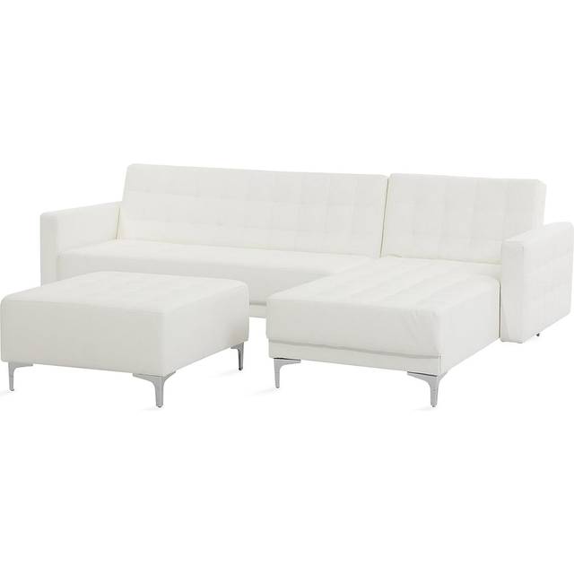 Left Hand Faux Leather Corner Sofa with Ottoman White ABERDEEN