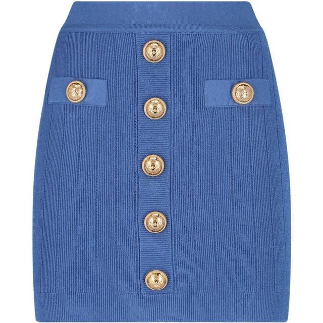 Balmain, Kjol, Dam, S, Blå Stickad Pennkjol med Guldiga Knappar