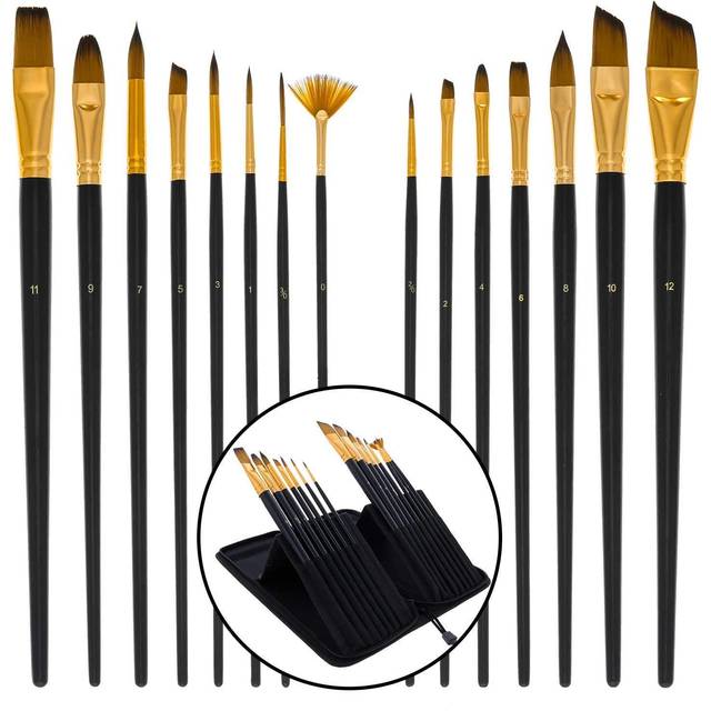 U.S. Art Supply 15 Piece Artist Long Handle Synthetic Paint Brush Set - Multi Functional Watercolor Gouache Oil Acrylic Brush Set in Zippered Nylon Po