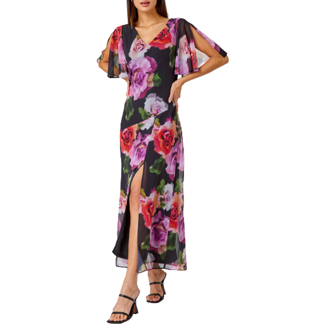Roman Womens Floral Print Tie Back Maxi Dress - Black - Size 10 UK