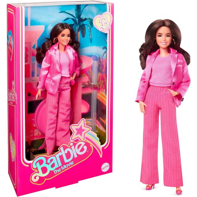 The Movie Doll, Gloria Collectible Wearing Three-Piece Pink Power Pantsuit with Strappy Heels and Golden Earrings, HPJ98