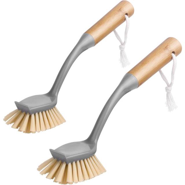 MR.SIGA Radial Dish Brush with Long Bamboo Handle Built-in Scraper, Scrubbing Brush for Pans, Pots, Kitchen Sink Cleaning, Pack of 2