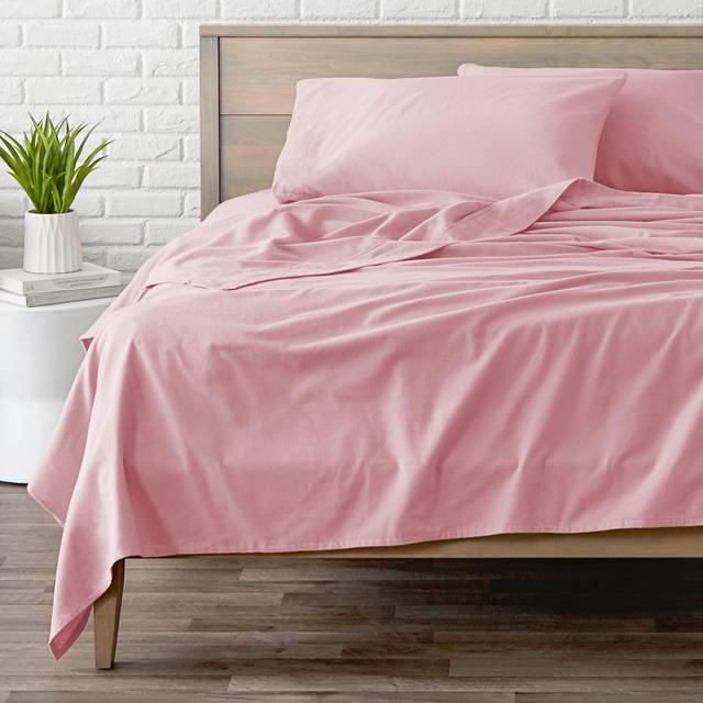 Bare Home Flannel Sheet Set 100 Cotton  Velvety Soft Heavyweight  Double Brushed Flannel  Deep Pocket Queen  Light Pink