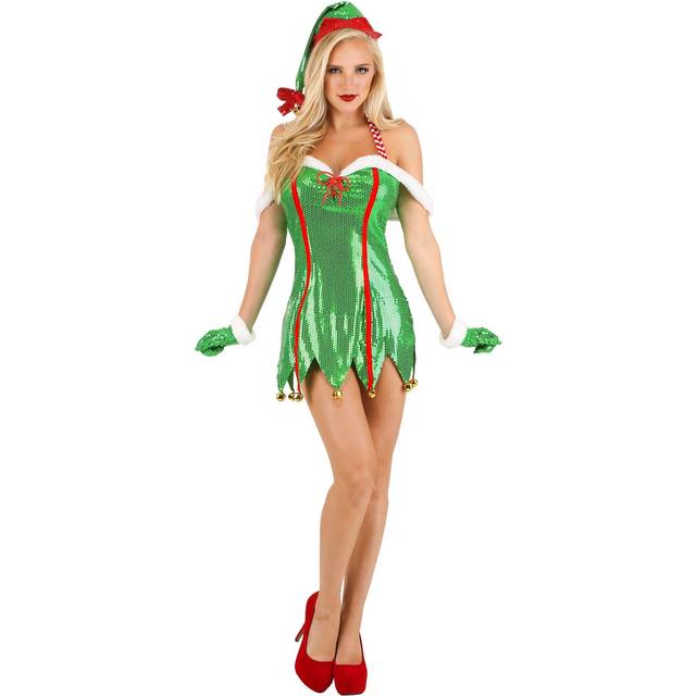 Exclusive Women's Sexy Green Glitter Elf Costume | Elf Costumes - Green&#47;Red&#47;White (M)