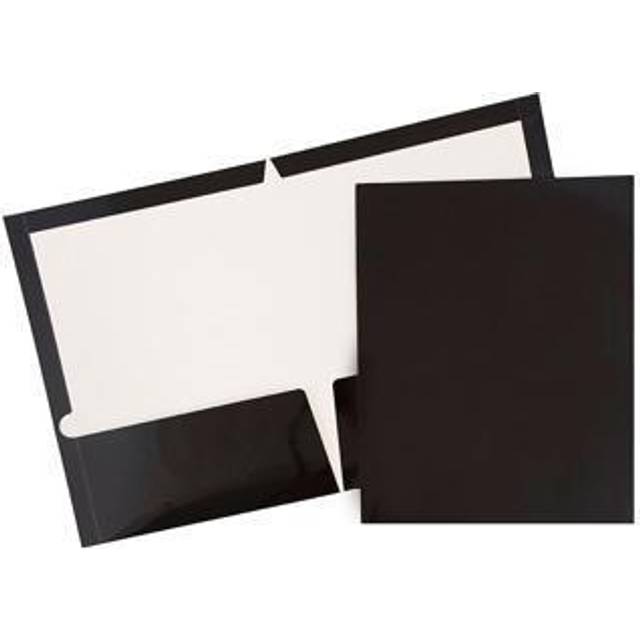 JAM PAPER Laminated Two Pocket Glossy School Folders - Letter Size - High Gloss Black - Bulk 50/Box
