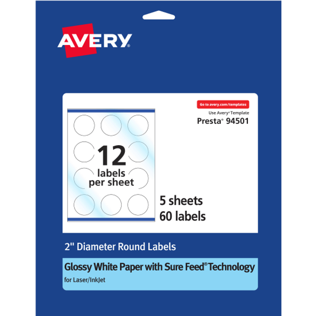 "Avery Round Labels with Sure Feed  2"""""""" Diameter  60 Glossy White Labels (36495)"