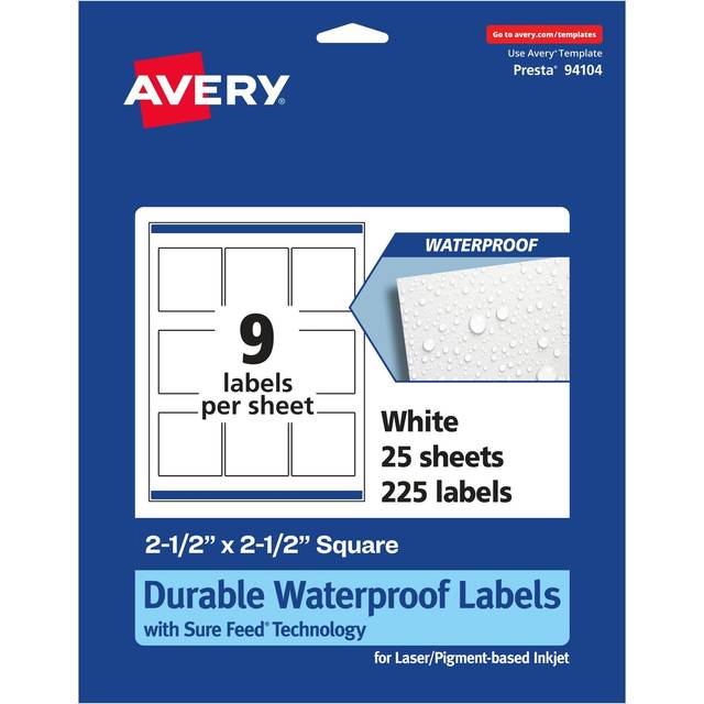 "Avery Durable Waterproof Square Labels with Sure Feed  2.5"""""""" x 2.5""""""""  Oil and Tear-Resistant  Laser and Pigment-Based Inkjet Printable  225 Labels"