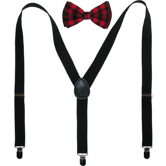 CTM Men's Buffalo Plaid Bow Tie with Solid Suspender Set - Black one (one size)