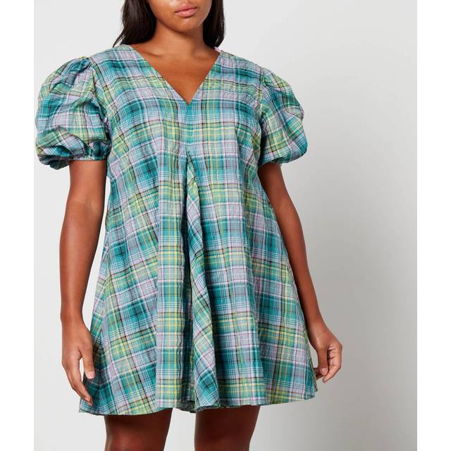 Ganni Seersucker Check Vneck Mini Dress Dam Korta Klänningar Stl. 40 - Från Magasin - Lagoon (40)