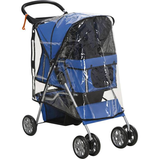 Pawhut Dog Stroller With Rain Cover For Small Miniature Dogs, Folding Pet Pram With Cup Holder, Storage Basket, Reflective Strips, Blue