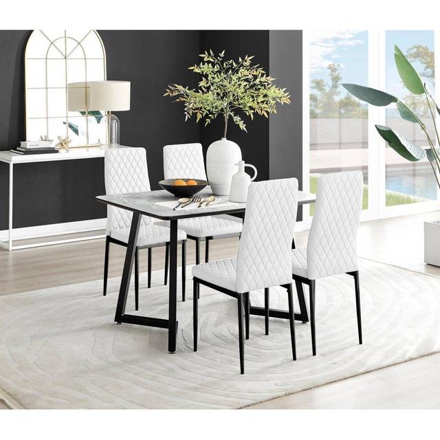 Carson White Marble Effect Dining Table and 4 Milan Black Leg Chairs - White