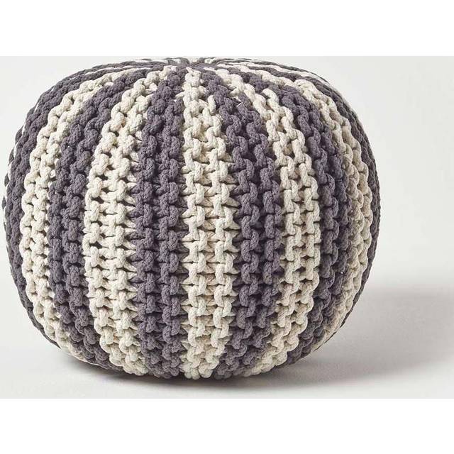 HOMESCAPES Off White and Grey Knitted Pouffe Striped Footstool 35 x 40cm