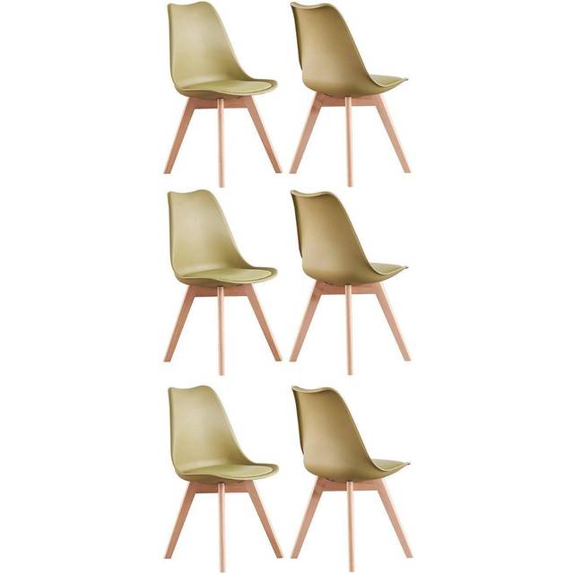 Set of 6 Scandinavian Dining Chairs Leather Cushions Solid Wood Legs - Green - One Size