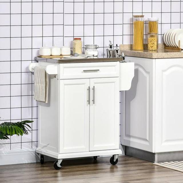 HOMCOM Rolling Kitchen Cart Storage Trolley with Drawer Towel Rail Steel White