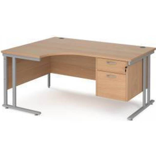 Maestro 25 left hand ergonomic Office Desk 1600mm wide with 2 drawer pedestal - silver cantilever leg frame, beech top - Silver