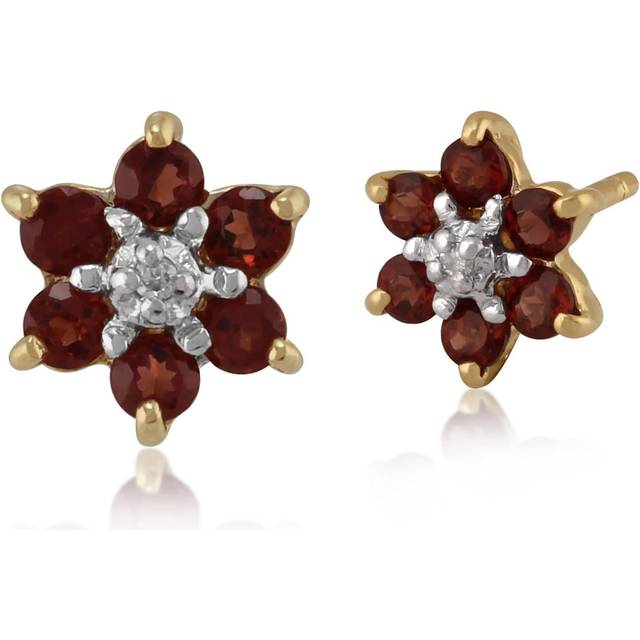 Floral Oval Garnet & Diamond Cluster Stud Earrings in 9ct Yellow Gold