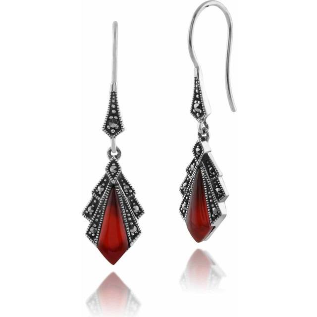 Art Deco Style Diamond Carnelian & Marcasite Drop Earrings In Sterling Silver