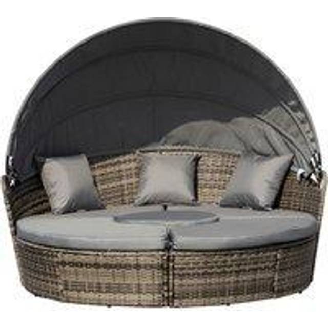 Outsunny Rattan Cushioned Wicker Round Sofa Bed with Coffee Table - Grey, Grey