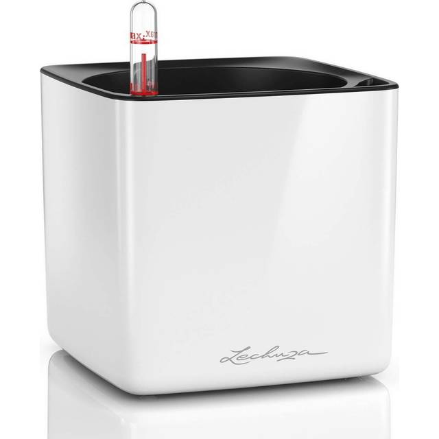 LECHUZA CUBE Glossy 14 White High Gloss Poly Resin Table Self-watering Planter H14 L14 W14 cm