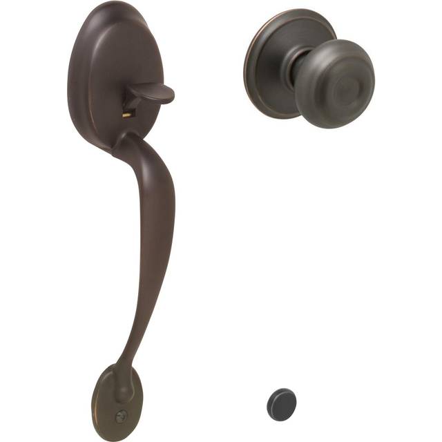 SCHLAGE FE285PLY716GEO Aged Bronze Handle Only Plymouth Keyed Entry Handleset with a Georgian Interior Knob from The Plymouth Co