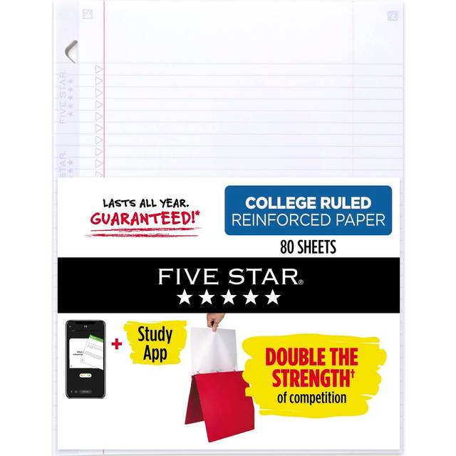 Five Star Loose Leaf Paper + Study App  Notebook Paper  College Ruled Filler Paper  Reinforced  Fights Ink Bleed  8.5 x 11  80 Sheets (170102)