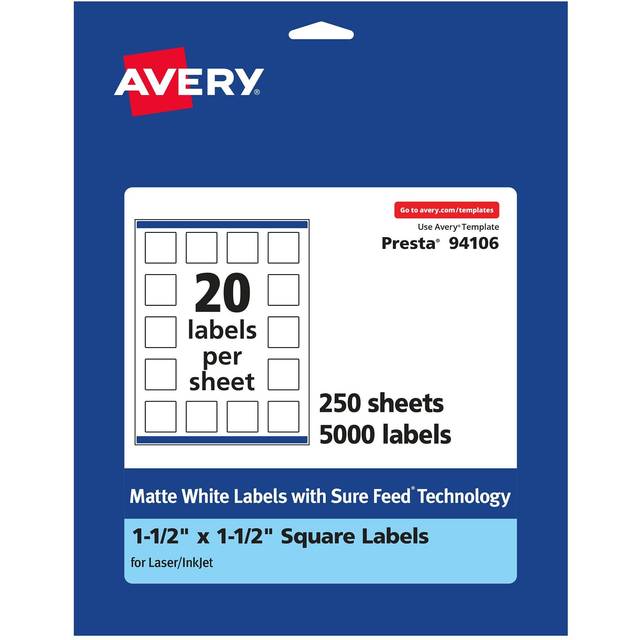 "Avery Matte White Square Labels with Sure Feed  1.5"""""""" x 1.5""""""""  5 000 Matte White Printable Labels"