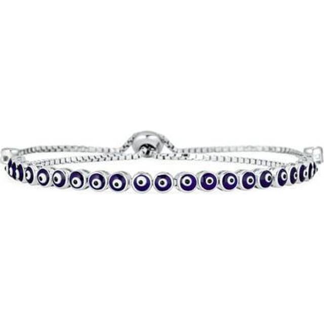 Dainty Minimalist Round Thin Layering Mini Navy Blue Evil Eye Boro Slide Style Bracelet for Teens Women Sterling Silver .925 Dark blue
