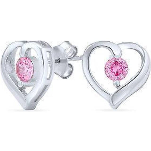 Small Heart Shaped Pink Solitaire Round CZ Stud Earrings For Women 925 Sterling Silver Simulated Pink Topaz 11MM