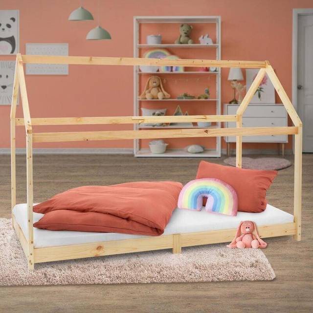 ML Design COT 90 x 200 cm med tag og slattet ramme, natur, boligblå til piger og
