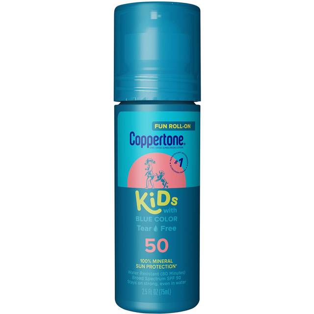 Coppertone Kids Roll On Sunscreen Lotion SPF 50  Tear Free Kids Sunscreen with Blue Color and Zinc Oxide Sun Protection  2.5 Fl Oz Tube