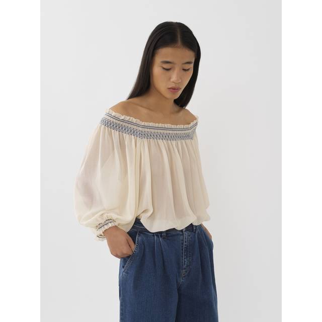See by Chloé Beige Smocked Blouse - 116 Antique White - FR 36