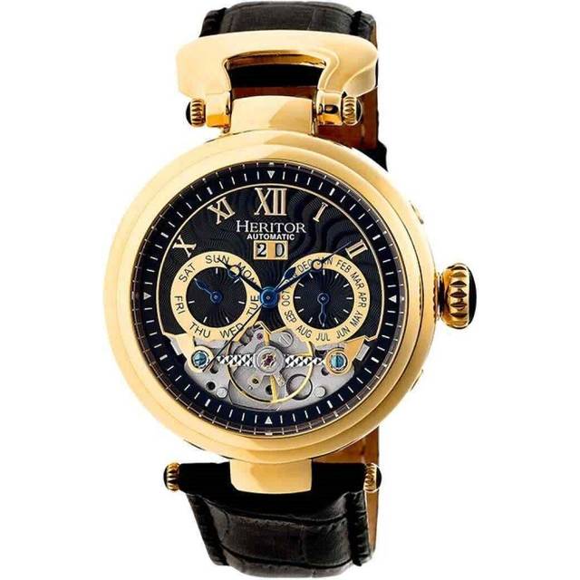 Heritor Automatic Mens Ganzi Semi-Skeleton Leather-Band Watch - Black/Gold Stainless Steel - One Size