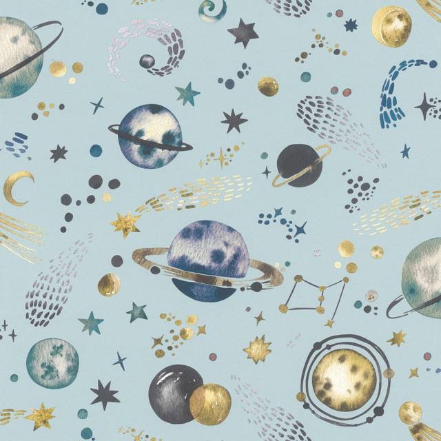 Rasch planets blue wallpaper stars universe children's bedroom feature wall