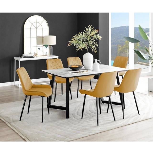 Furniturebox Copeland Cesano Marble Effect 6 Seater Dining Set White Mustard and Black - Yellow