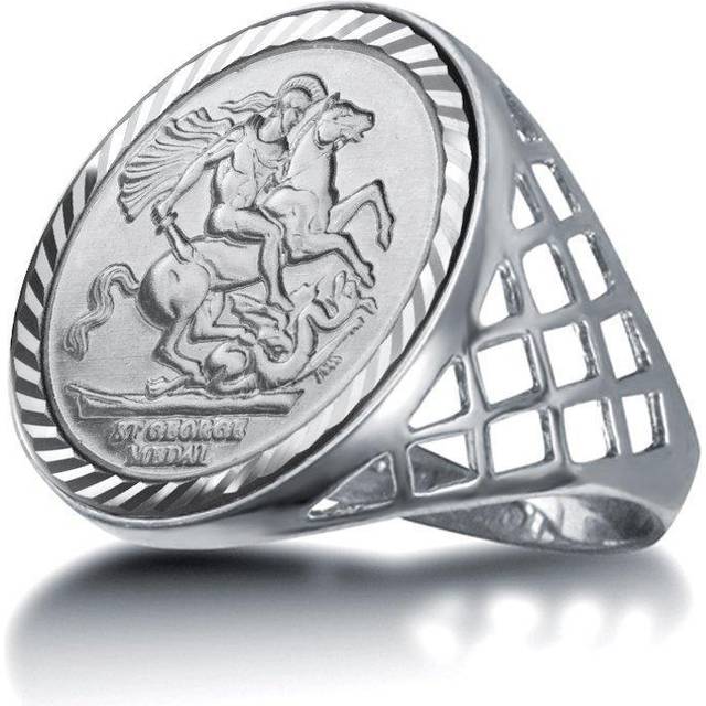 (Q) Jewelco London Mens Solid Sterling Silver St George Dragon Slayer Basket Half-Sovereign-Size Ring (not a sovereign coin)