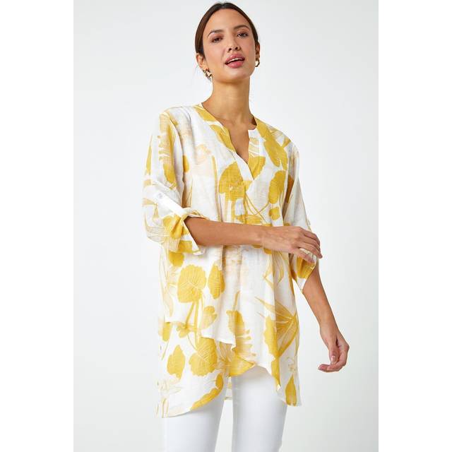 Palm Print V-Neck Wrap Hem Tunic Top - Yellow - Size 18 - Roman