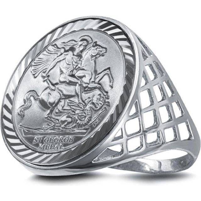 (V) Jewelco London Mens Solid Sterling Silver St George Dragon Slayer Basket Full-Sovereign-Size Ring (not a sovereign coin)