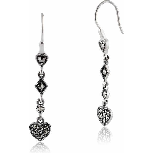 Art Deco Style Round Marcasite Pave Set Heart Drop Earrings in 925 Sterling Silver