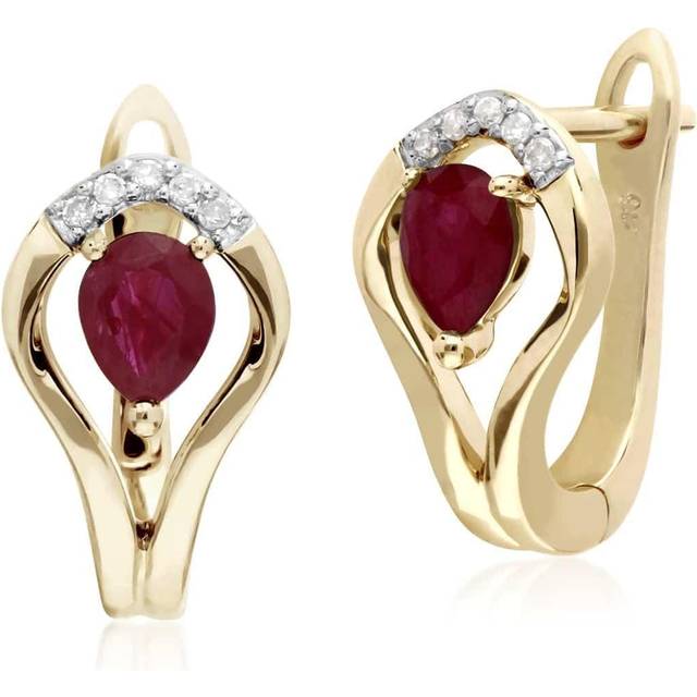 Classic Round Ruby & Diamond Leaf Halo Lever back Earrings in 9ct Yellow Gold