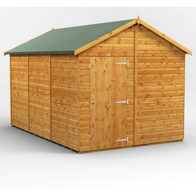 Powersheds Apex Roof Windowless Single Door Garden Shed 12ft x 8ft, Golden Brown Timber Shiplap Tongue & Groove