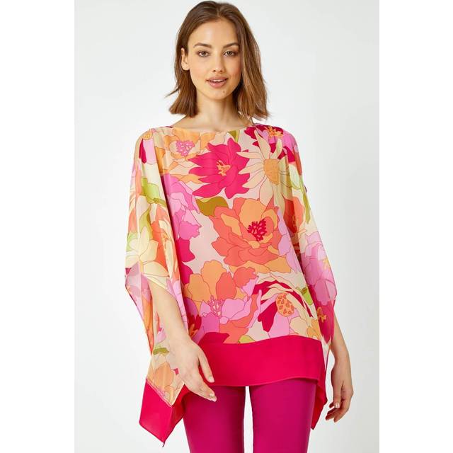 Roman Orange Floral Print Cold Shoulder Chiffon Top - Size 10
