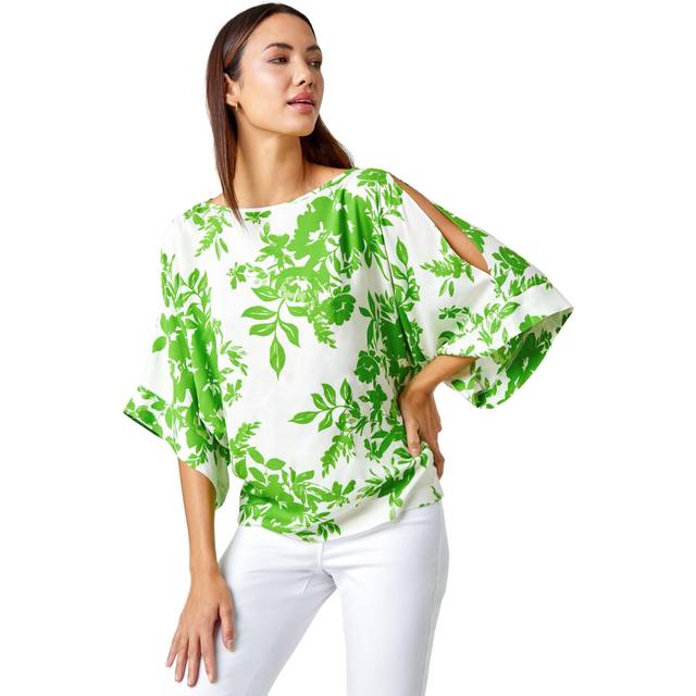 Roman Green Floral Print Cold Shoulder Top - Size 10