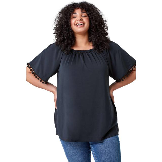 Roman Curve Womens Pom Pom Trim Stretch Bardot Top - Black - Size 18 UK