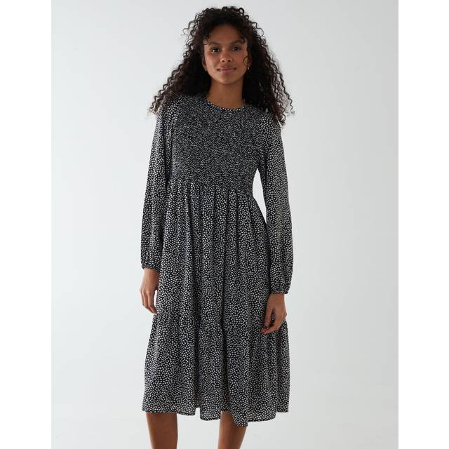 Womens Floral Long Sleeve Tiered Dress - Black - 8