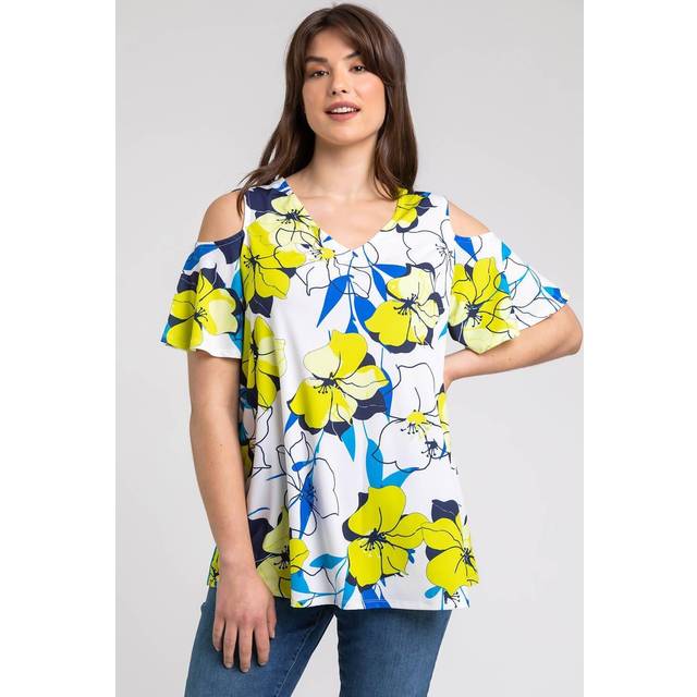 Roman Curve Lime Floral V-Neck Cold Shoulder Tunic Top - Size 30-32
