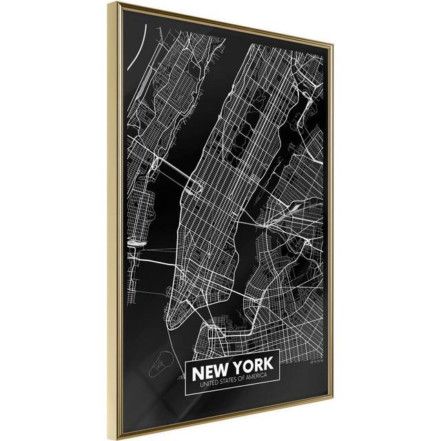 Inramad Poster / Tavla - City Map: New York (Dark) - 40x60 Guld ram