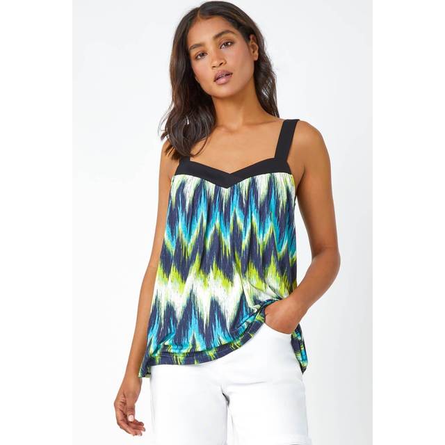 Contrast Zig Zag V-Neck Stretch Cami Top - Lime - Size 14 - Roman