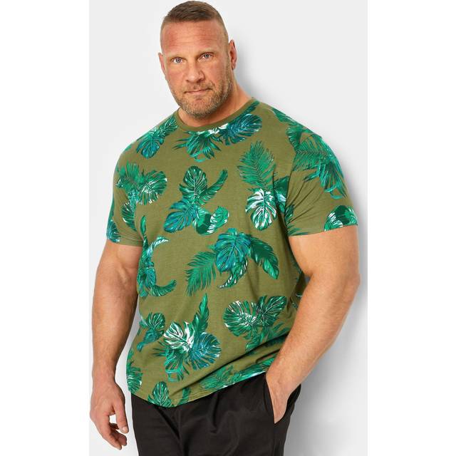 Badrhino big & tall plus size mens khaki green tropical leaf print t-shirt