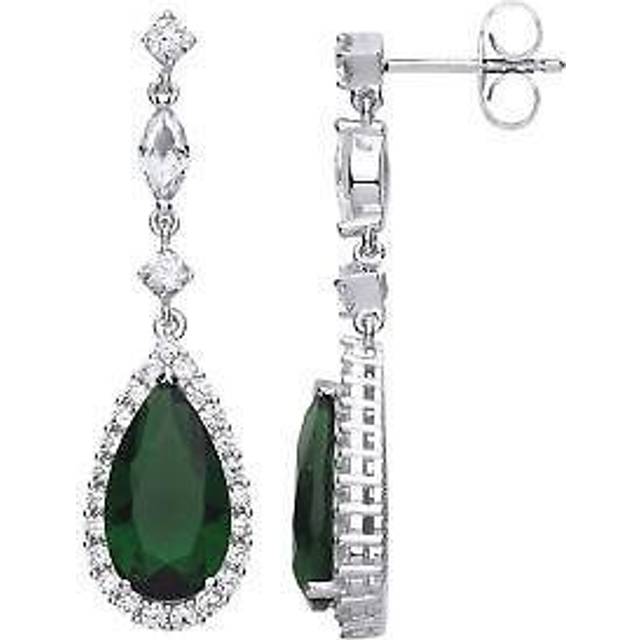 Jewelco London Ladies Sterling Silver Emerald-Green Pear Cut Cubic Zirconia Tears of Joy Halo Stud Drop Earrings - GVE735EM