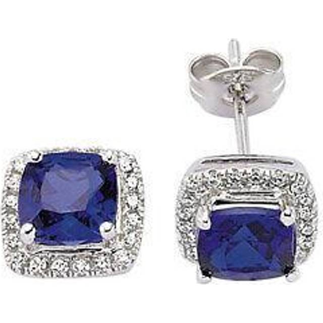 Jewelco London Ladies Sterling Silver Sapphire-Blue Asscher Cubic Zirconia Halo Cluster Stud Earrings - GVE219